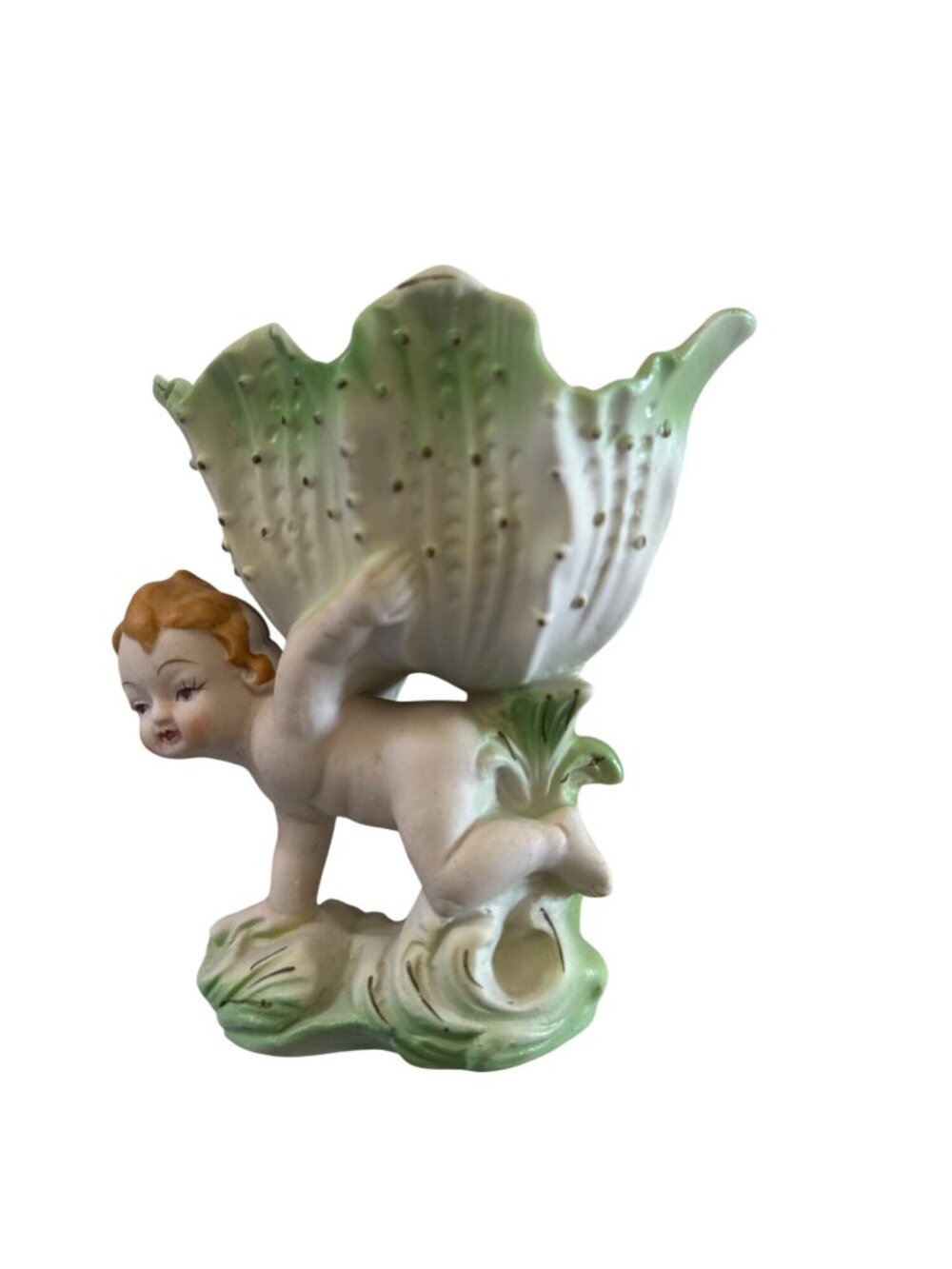 Vintage Occupied Japan Bisque Green Winged Cherub Shell Planter Porcelain